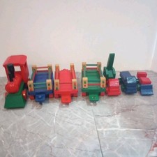 Vintage Wood Toy Train With Three Carry-on Wood Vehicles EUC