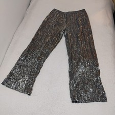 Silver Metallic Shiny Sequin Wide Leg Party Pants Disco Queen Retro Glam Sz L