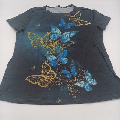Shallwe Top Womens XL Black Butterflies Magical Short Tee
