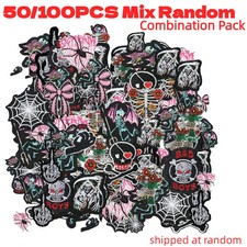 50/100pcs Mixed Punk Skull Pink Bow Iron-on Patches DIY Embroidered for Clothing