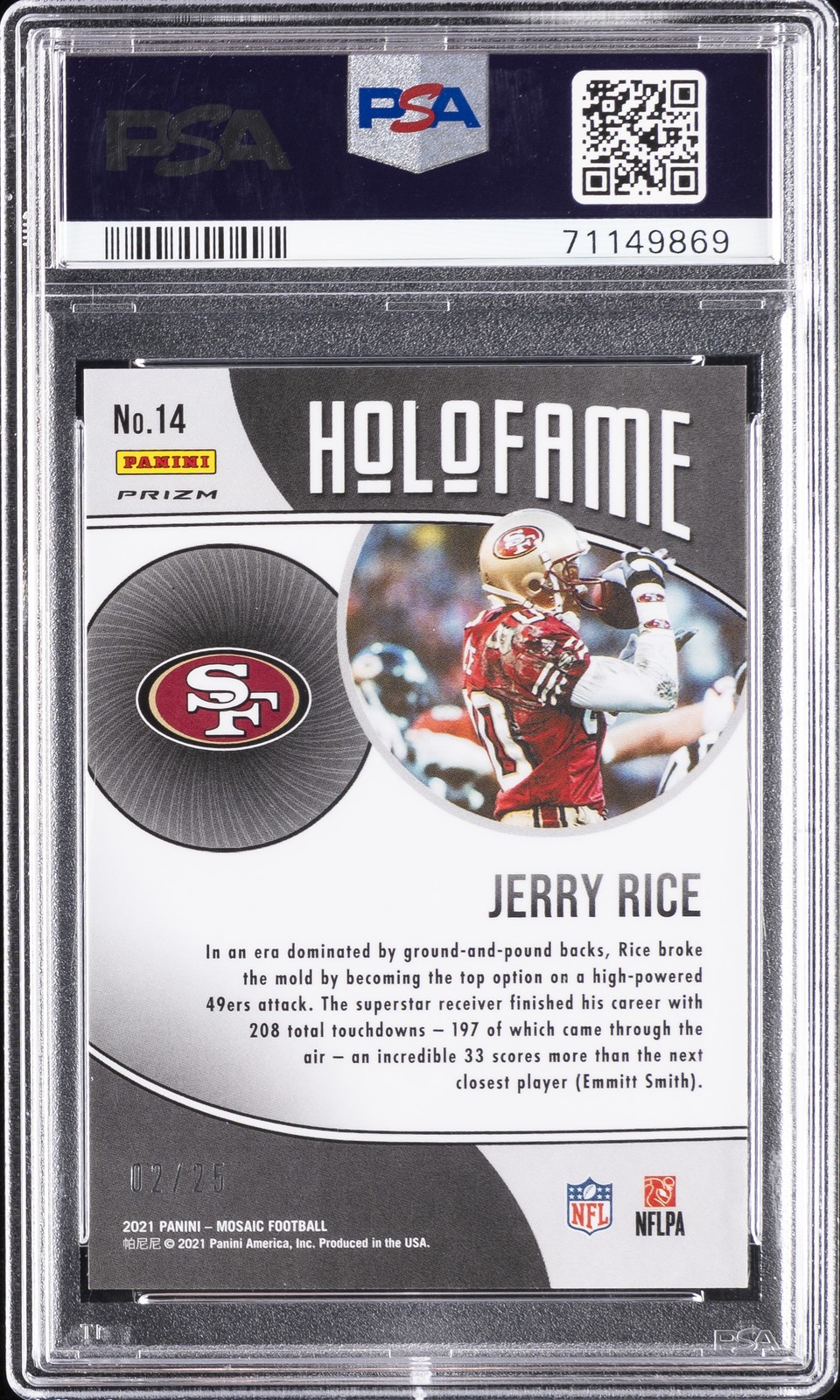 2021 PANINI MOSAIC HOLOFAME ORANGE FLUORESCENT #14 JERRY RICE 2/25 PSA 10 view 2