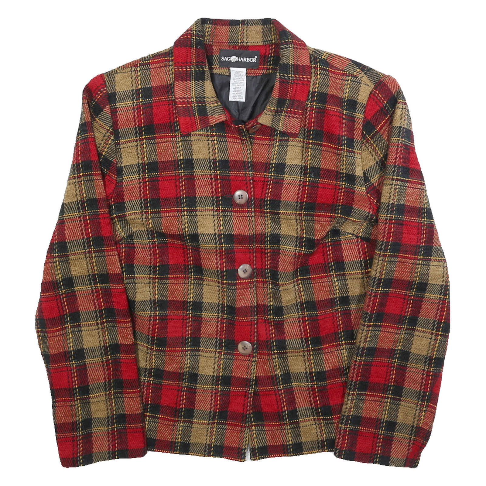 SAG HARBOR Womens Red & Beige Check Button Jacket M Acrylic Vintage Style
