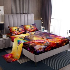 Hummingbird Sheet Set Queen Size Kids Floral Sheets with Deep Pocket Fitted S...