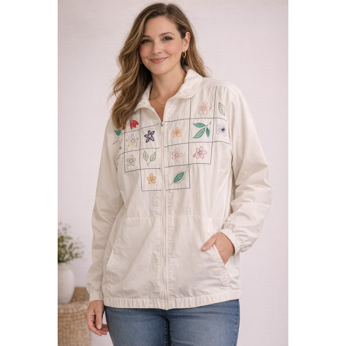 Koret Large Embroidered Zip Front Jacket Floral Botanical Ivory | eBay