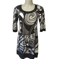 Blu Sage Dress S Retro Swirl Graphic Black White Beaded Mod Edgy Whimsical Y2K