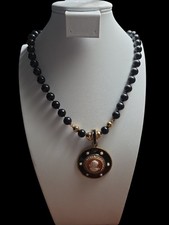 Victorian Revival Black Beaded Cameo Pendant Necklace
