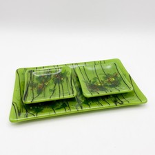 Fused Art Glass Platter Tray 8" 2 Sm Dipping Dish Sushi Artist Signed Abstract