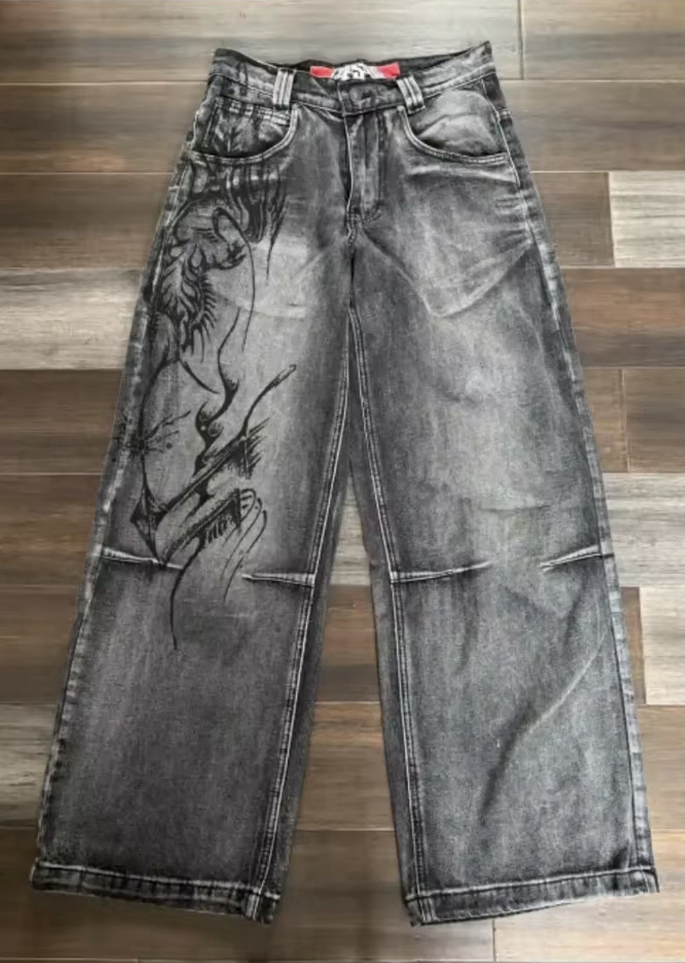 Men's Grey 32 Waist Wide-leg Jeans Colossus Fit Washed Black