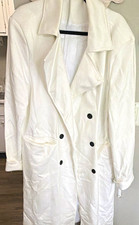 Women's White Double-Breasted Collared Satin Long Overcoat Black Buttons