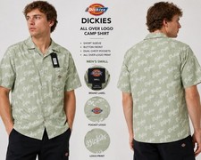 Dickies Men  s Small Green Allover Logo Print Camp Shirt Short Sleeve NWT