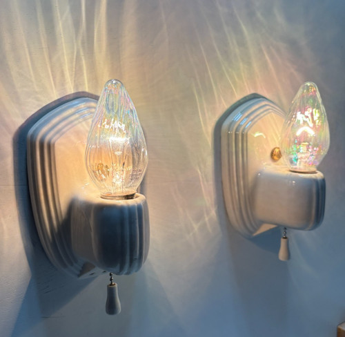 Vtg Porcelain Sconce Light Pair Bathroom Ceramic Wall Fixture Art Deco USA #M86