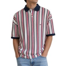 Vintage Tommy Hilfiger Polo Mens 90s Red White Blue Striped Shirt - M