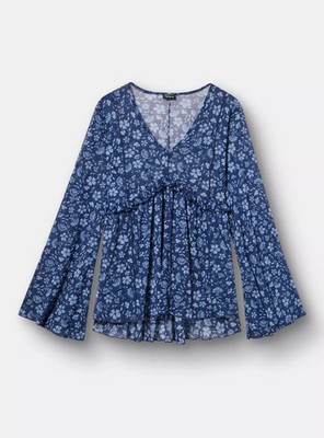 Torrid Mesh V-Neck Lettuce Trim Babydoll Floral Top Navy 0 L 12 #J55729