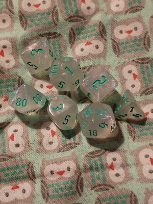 ~ Beautiful Gaming Dice Set of 7 D&D D and D Dice Clear Glittered Green Numbers