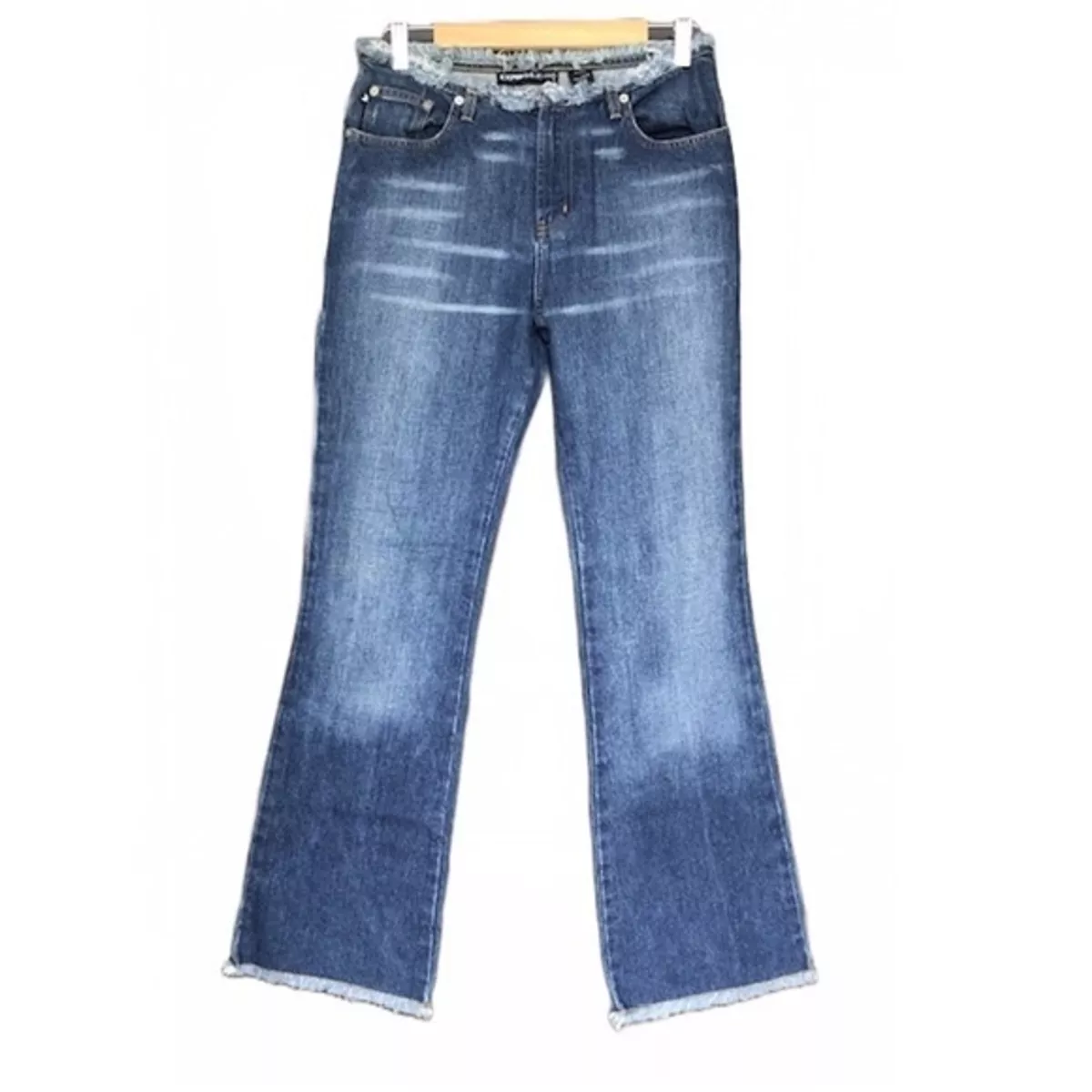 EXPRESS Women s Vintage Flare Fringe Fray Waist Hem Cotton Denim Jeans Sz. 7 8