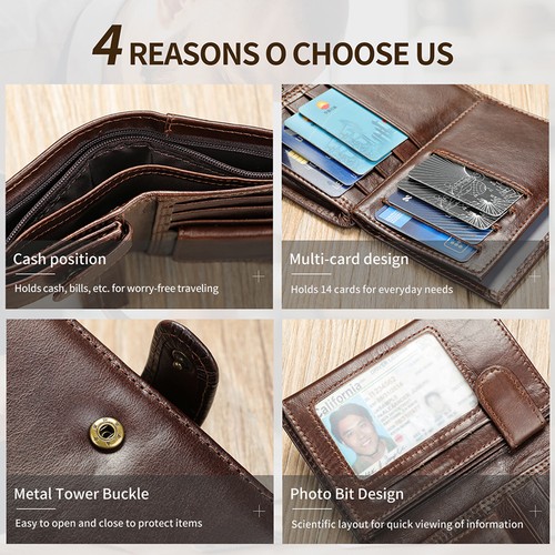 Men's Genuine Leather RFID Wallet Card Holder Coin Purse Photo Slots - Picture 12 of 27
