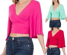 Women's Tie Front Crop Top Cross Wrap Soft Luxe Rayon / Modal Cardigan Blouse