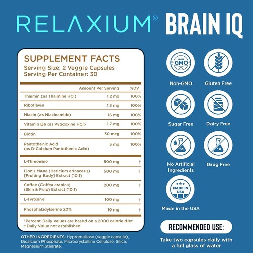 Relaxium Brain IQ - Integratori per il cervello, memoria, concentrazione, chiarezza e concentrazione - Foto 2 di 8