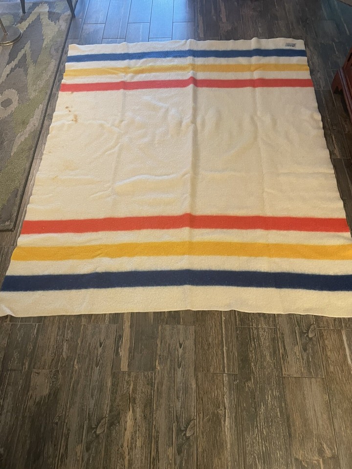 Vintage Orrlaskan 100 Wool Red Blue Yellow Striped Blanket Approx. 65