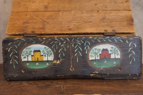 Antique Primitive Folk Art Painted Wood Scenic Houses Oil Egg Tempera on Wood