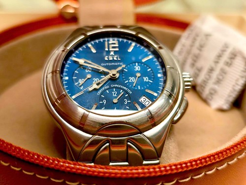 Rare Ebel E Type Chronograph Men's S/S Automatic Watch Blue Face Skeleton Back - Picture 7 of 22