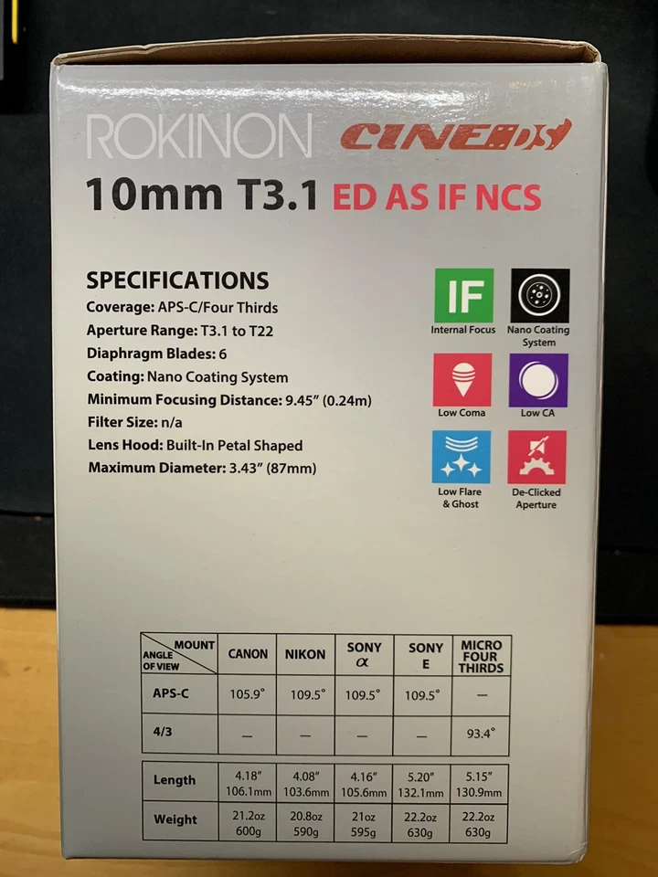 Lente gran angular Rokinon DS10M-NEX 10 mm T3.1 Cine para Sony Alpha E-Mount Intercha Foto 2 de 4