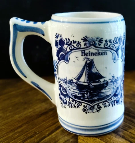 Blue Delfts Heineken 5 1/4" Hand Painted Ship/Windmill Beer Mug Stein-  Holland