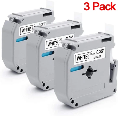 3PK MK221 M-K221 Label Tape 9mm White Brother P-Touch PT-65 75 80 M95 Compatible