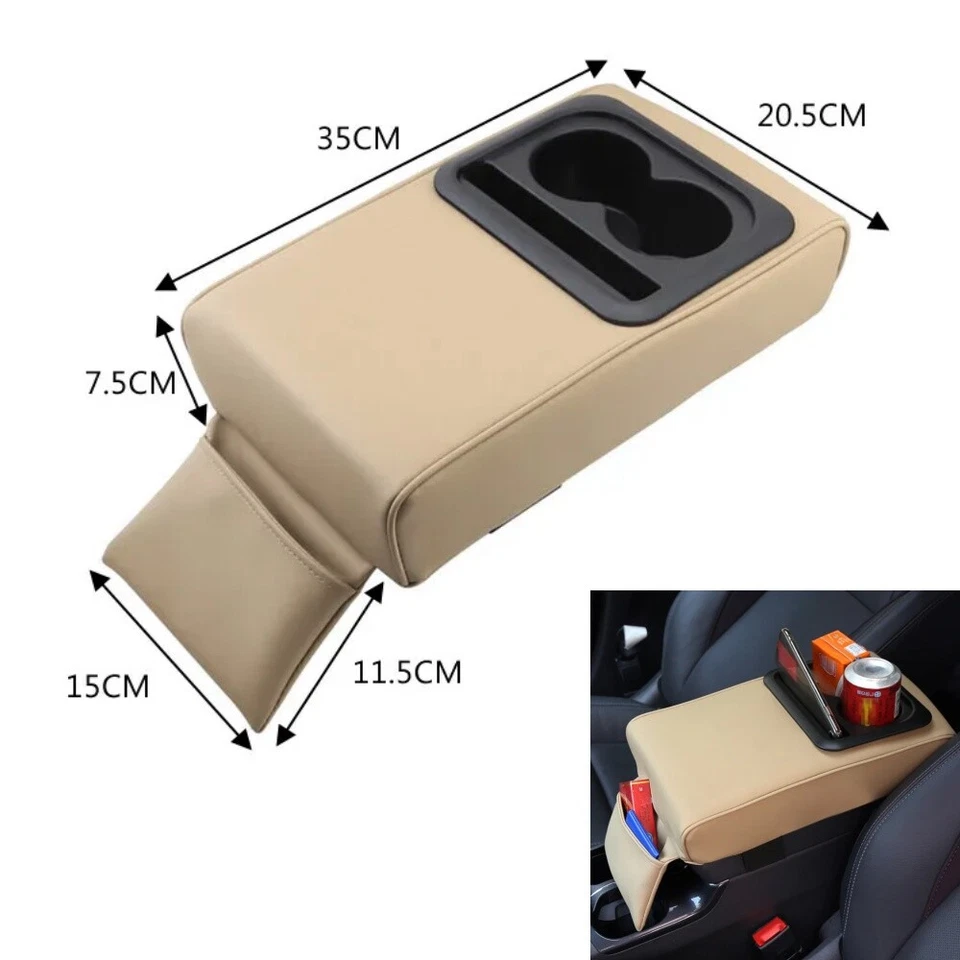 Car Center Console Pad PU Leather Armrest Cushion w/Cup Holder Elbow Rest Pillow - Image 4 of 4