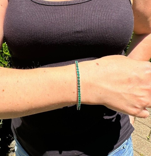 3mm Round Cut Lab Created Emerald 14K White Gold Over Luxury Tennis Bracelet 7" - Picture 4 of 9
