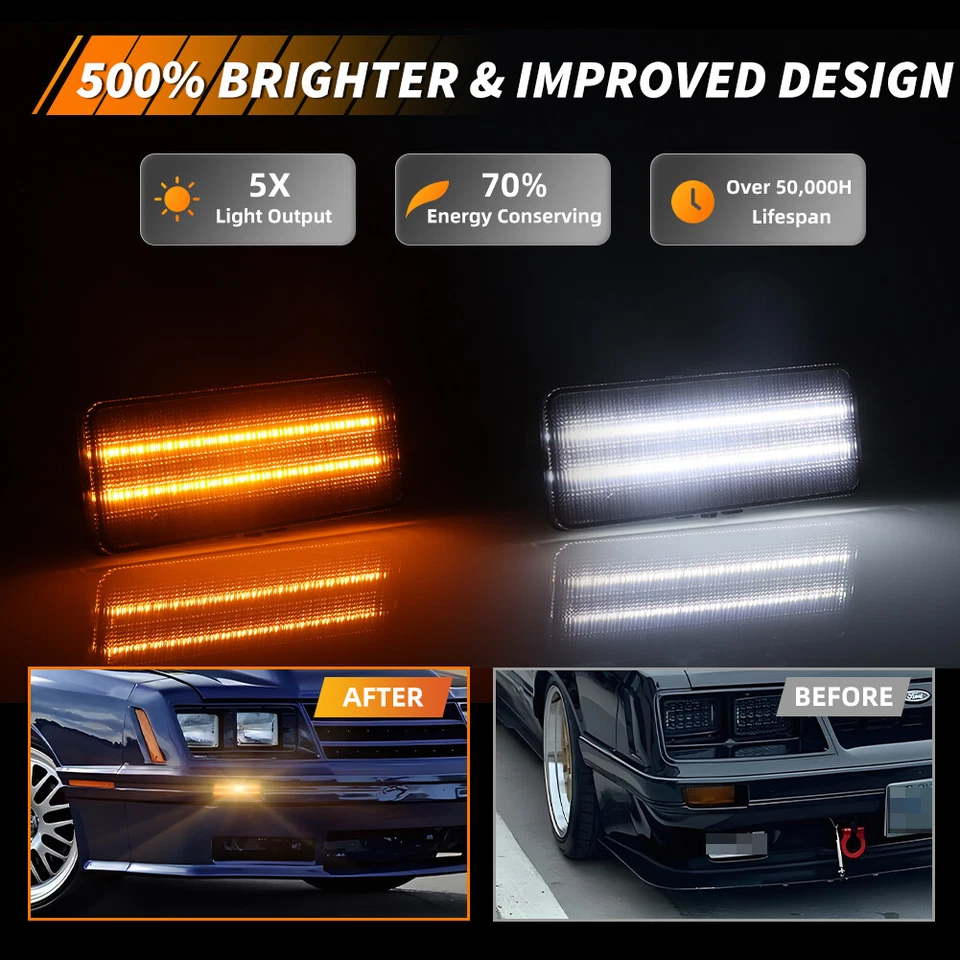 2X Smoke Dynamic LED Front Parking Turn Signal Lights For 1979-1986 Ford Mustang - Image 2 of 4