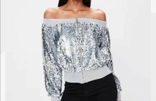 Bnwt Missguided Silver Sequin Bardot Jacket Size 6