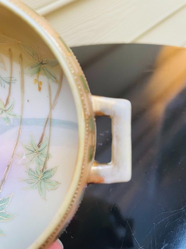 Nippon Painted Sunset Bowl Palm Tree Boat Lake Gold moriage trinket dish pyramid - Picture 4 of 12