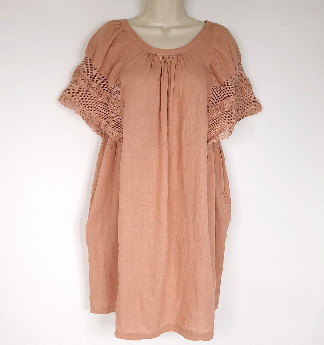 Old Navy Womens Dress M Pink Short Sleeve Pocket Oversized Pocket Crochet  Accent