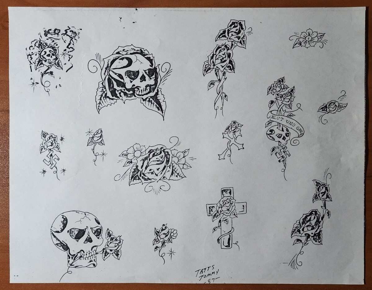1987 Tatts Tommy Vintage Biker Style Tattoo Flash Sheet Skull