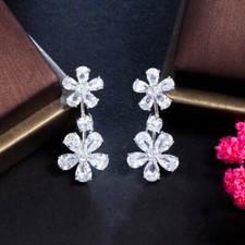 Women Zircon Crystal Flower Earrings Dangle Drop Silver Plated Wedding Jewelry