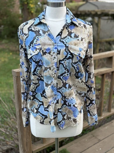 VILLAGALLO Women’s Animal Print, Button Up, Blue, Beige, Black, Sz  US 10, EU 42