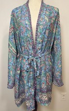 100 Silk Belted Kimono Robe W/ Bell Sleeves. Made In India. Vibrant Midi Blue