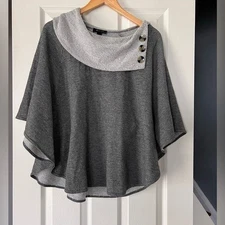 AB Studio Women’s Poncho Top Gray Wide Neck Button Detail Flowing Blouse Size L