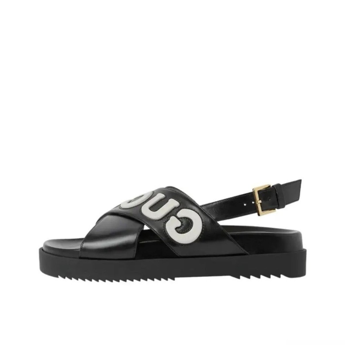 Gucci Black Leather Logo Cross-Strap Sandals with White  display picture 1