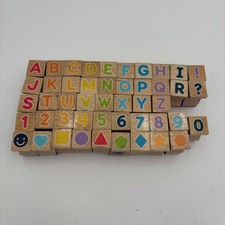 Alphabet Number Shape Wooden Rubber Stamp Set Multicolor Good 46pc