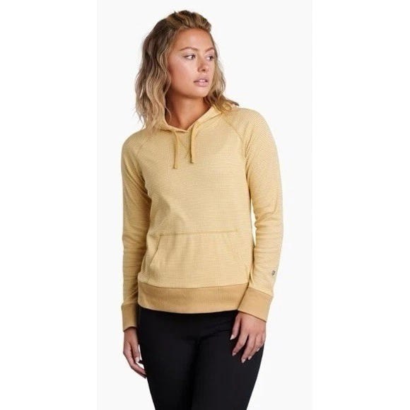KUHL Stria Hooded Pullover Kangaroo Pocket Honey Yellow Stripe Pullover Large