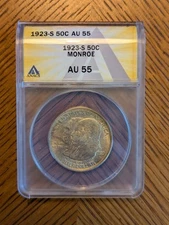 1923-S Monroe Doctrine Commemorative Silver Half Dollar 50C - ANACS AU55