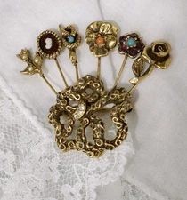 Vintage Victorian Revival Goldette Multi Stick Pin Figural Cameo Pin Brooch