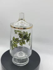 Handpainted footed candy Jar apothacary style w/vines & gold trimmed lid