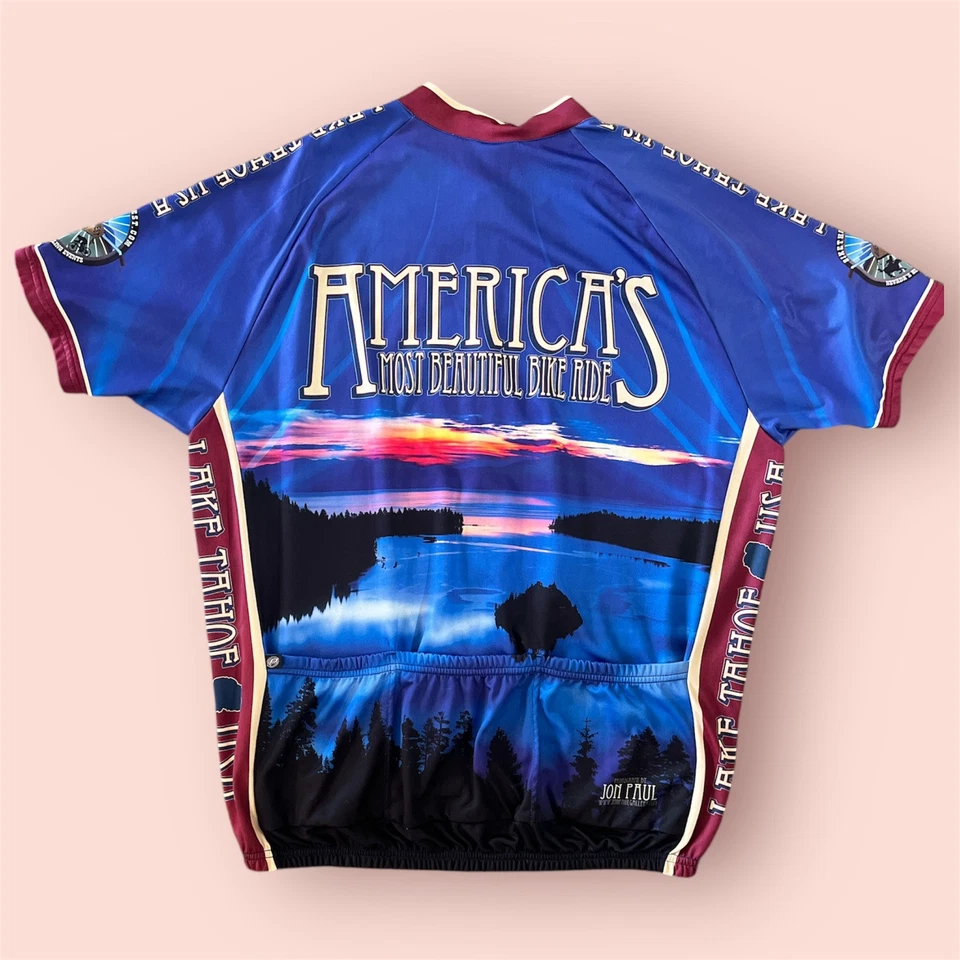 Camiseta deportiva de ciclismo Pace de colección para adultos con cremallera completa azul colorida manga corta Lake Tahoe Foto 2 de 4