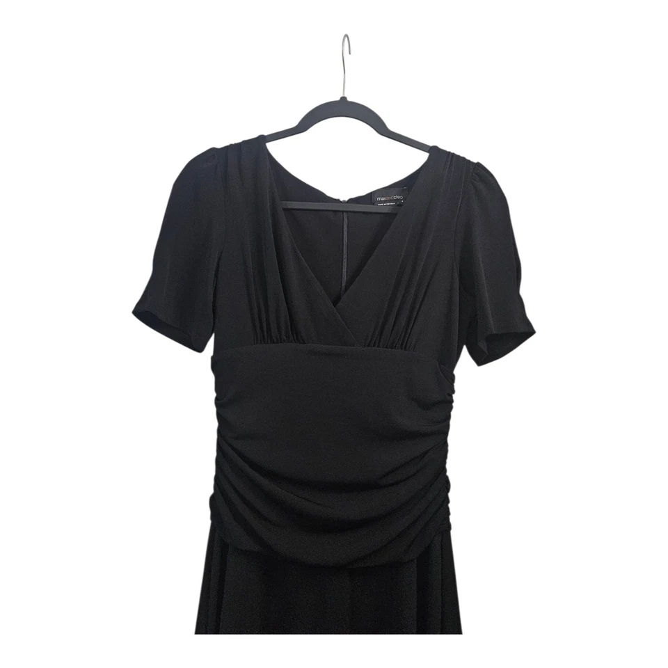Max & Cleo Dress Size 6 Midi V-Neck Black S/S Ruching Unlined Hidden Back Zip - Image 3 of 4
