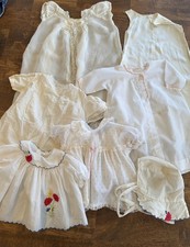 Lot of Vintage Baby Clothing Linen Christening Gown Dress Bonnet Lace Ruffle