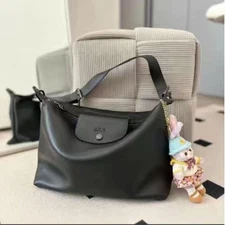 Longchamp Leather Shoulder Bag Auth Black Women France 127956