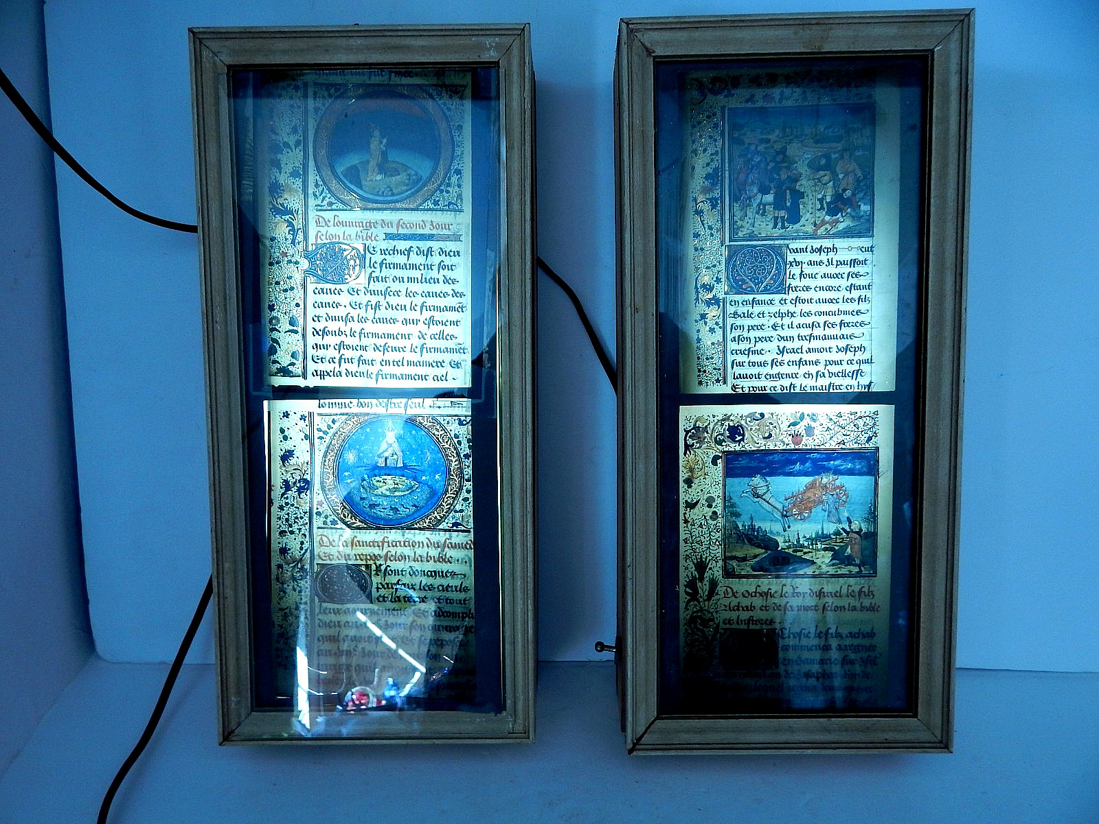 PAIR OF UNIQUE ILLUMINATED RELIGIUOS MANUSCRIPTS W/ HANDMADE BACKGROUND LIGHTING